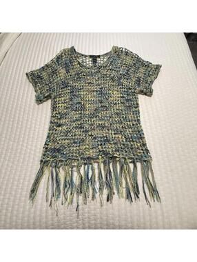 Ali Miles Colorful Open Knit Crochet Tunic Top / Coverup Fringe Sz L Large Artsy